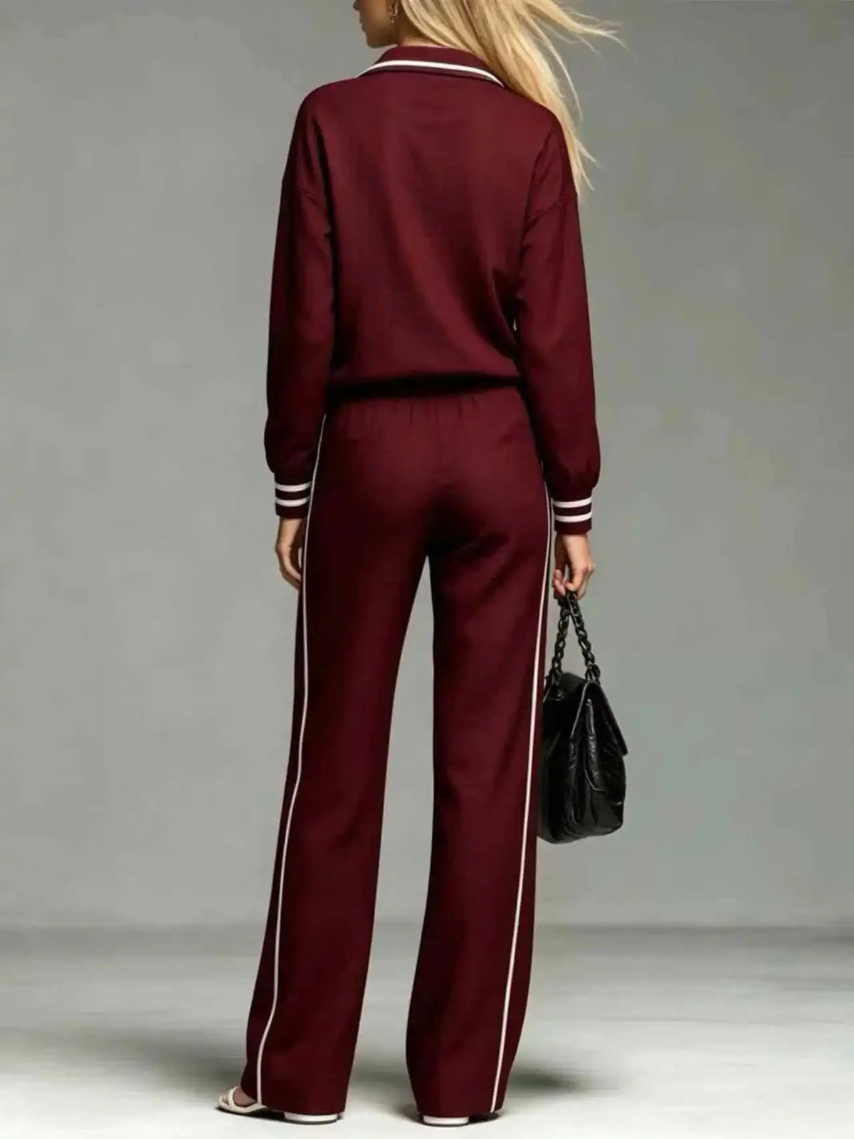 Women's Half Zip Two Piece Set with Striped Trim & Wide-Leg Pants - Back Standing