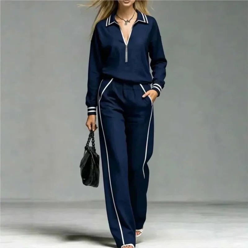 Deep Blue Women's Half Zip Two Piece Set with Striped Trim & Wide-Leg Pants - Front View