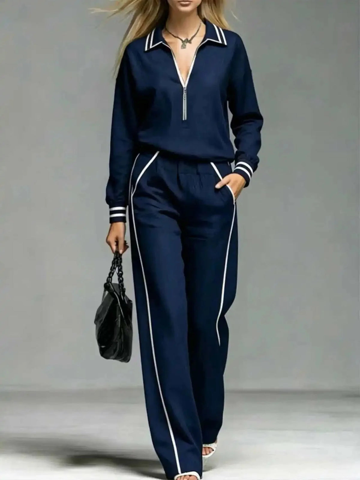 Women's Half Zip Two Piece Set with Striped Trim & Wide-Leg Pants - Blue