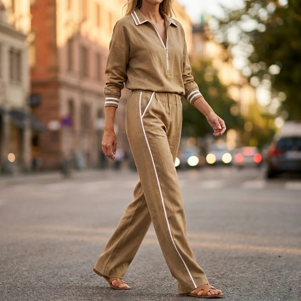 Women's Half Zip Two Piece Set with Striped Trim & Wide-Leg Pants - Outdoor Walking