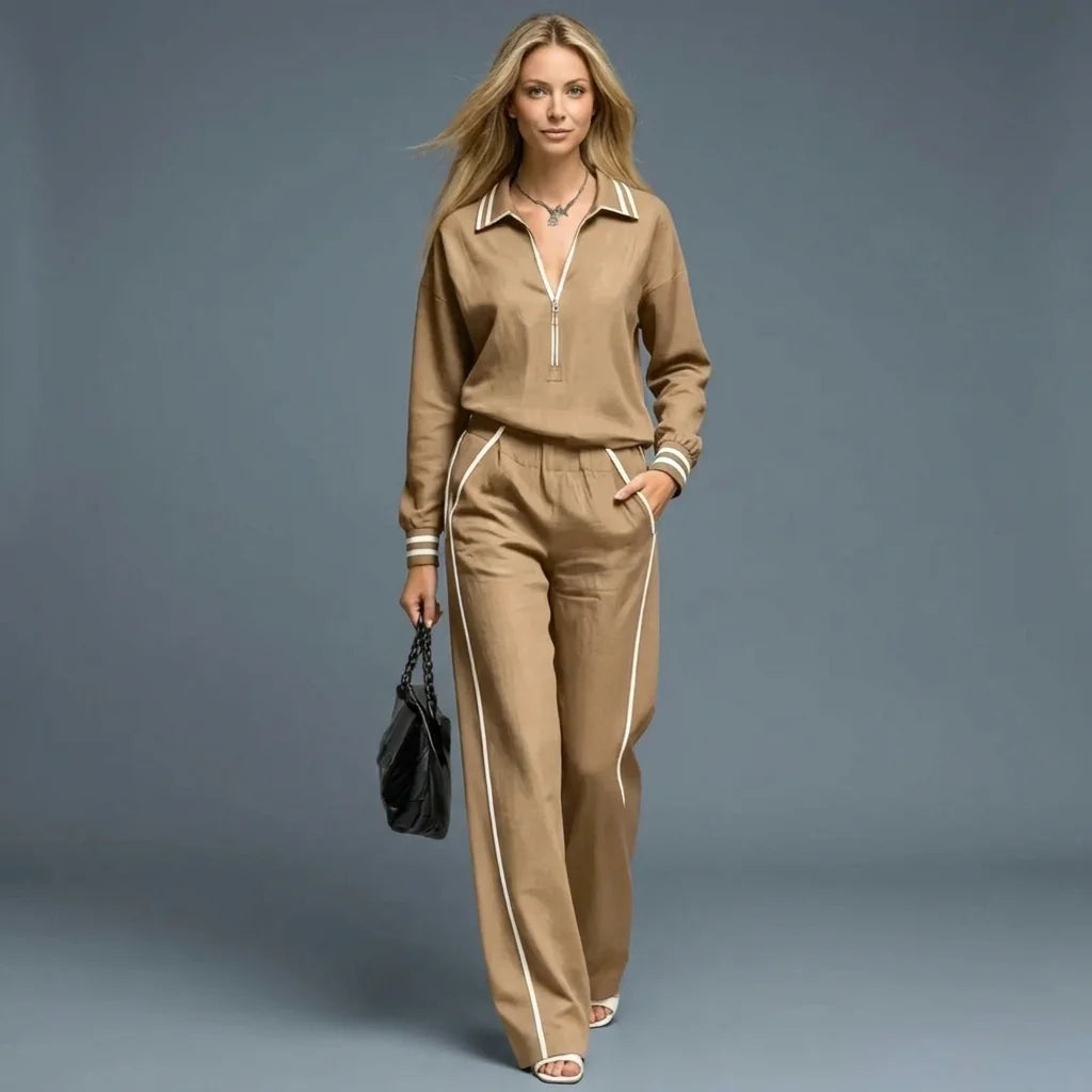 Women's Half Zip Two Piece Set with Striped Trim & Wide-Leg Pants - Studio Pose