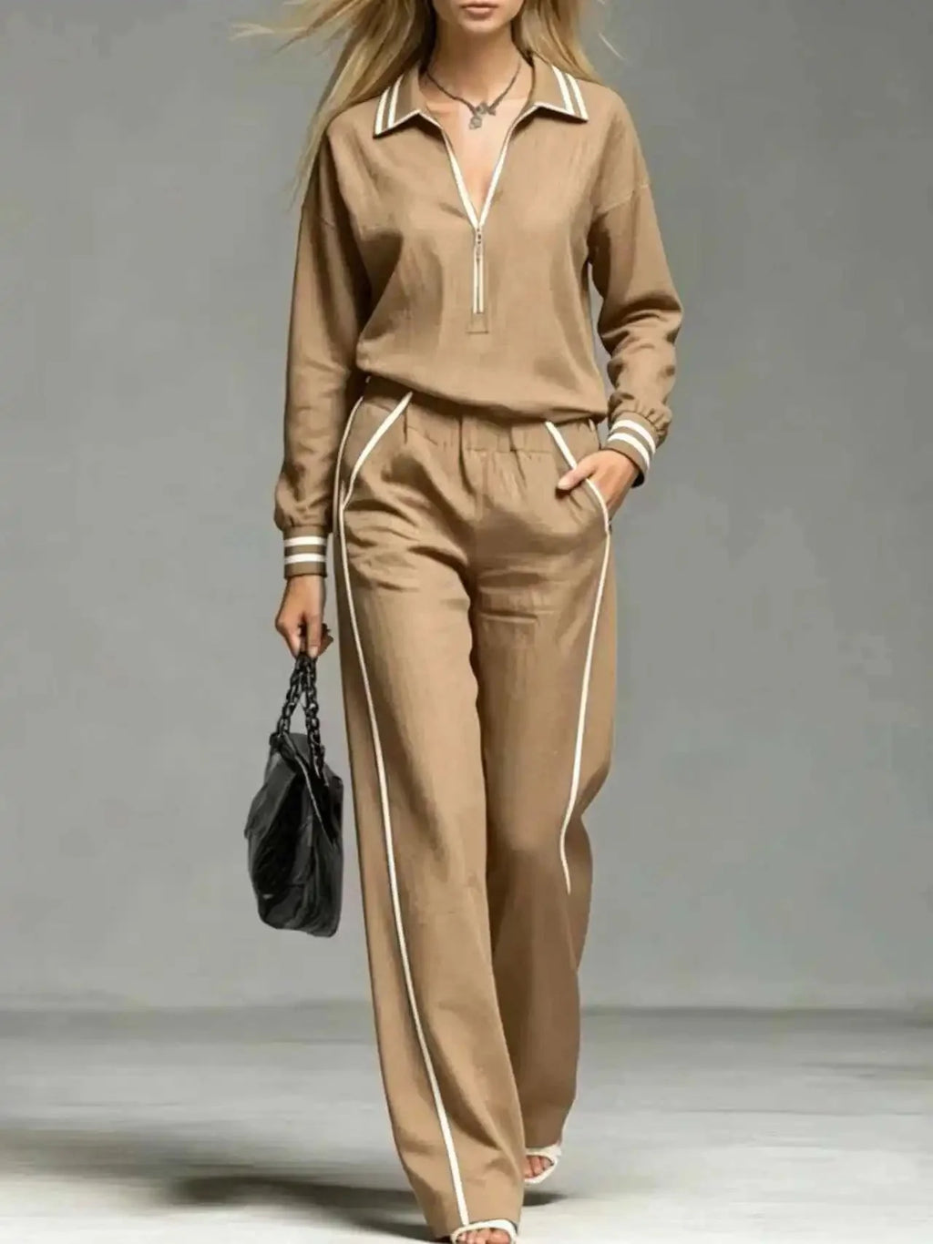 Khaki Women's Half Zip Two Piece Set with Striped Trim & Wide-Leg Pants