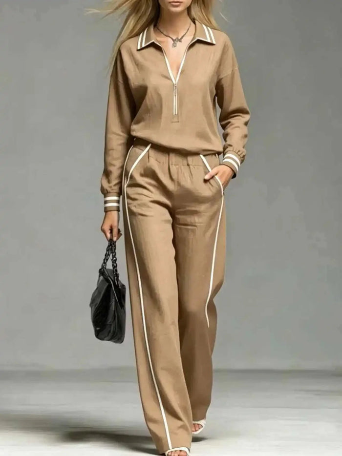 Khaki Women's Half Zip Two Piece Set with Striped Trim & Wide-Leg Pants