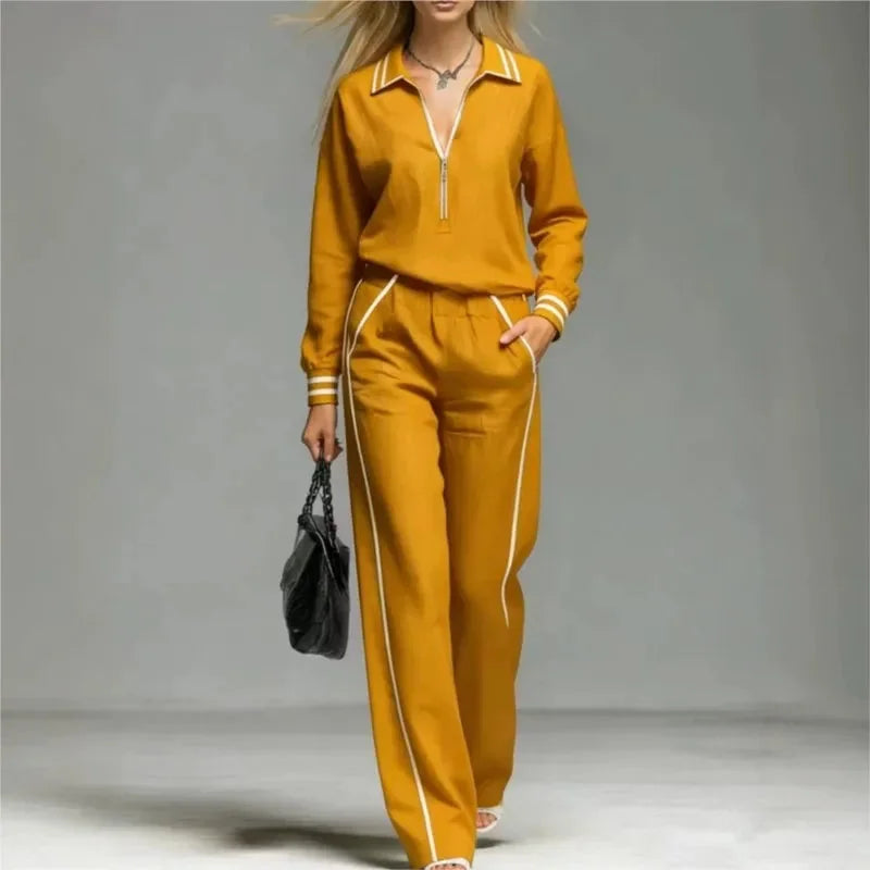 Yellow Women's Half Zip Two Piece Set with Striped Trim & Wide-Leg Pants