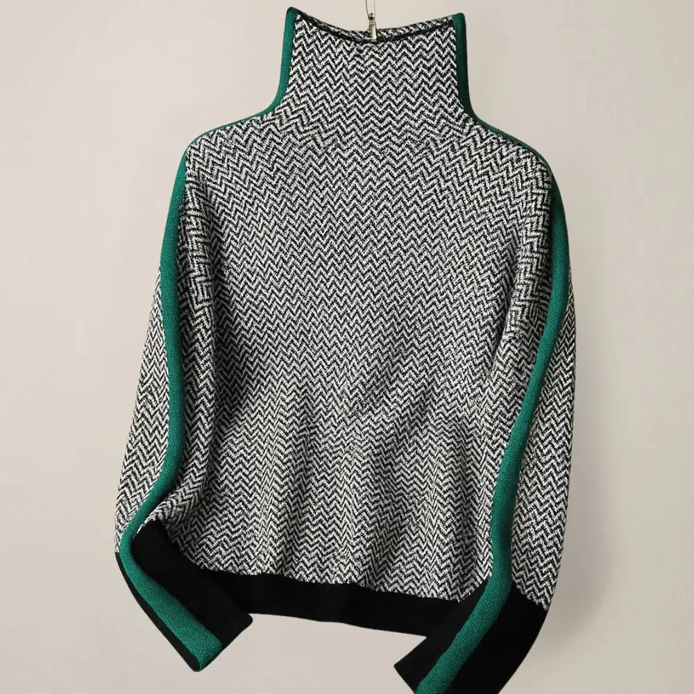Women's High Neck Sweater with Herringbone Pattern & Contrast Stripe Trim - Flat Lay Hanging