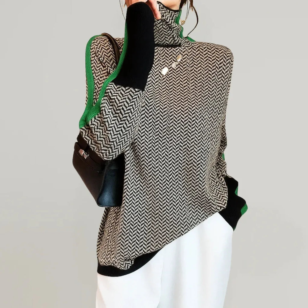 Green Women's High Neck Sweater with Herringbone Pattern & Contrast Stripe Trim