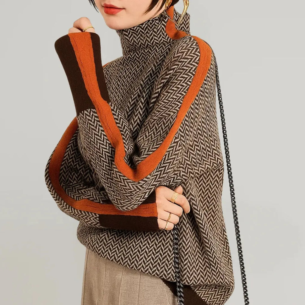 Women's High Neck Sweater with Herringbone Pattern & Contrast Stripe Trim - Close Up Sleeve Detail