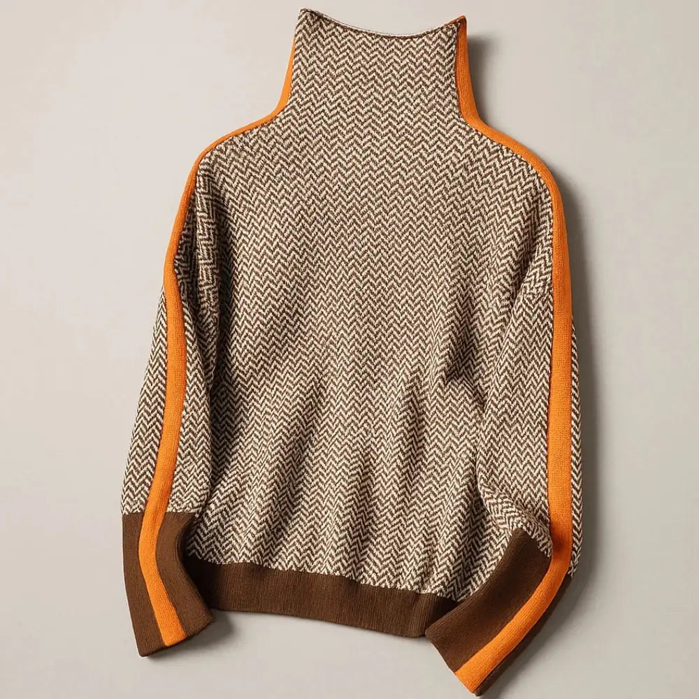 Women's High Neck Sweater with Herringbone Pattern & Contrast Stripe Trim - Flat Lay Back
