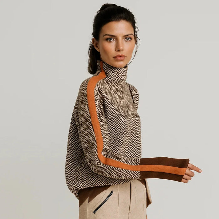 Orange Women's High Neck Sweater with Herringbone Pattern & Contrast Stripe Trim