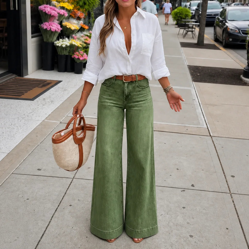 Army Green Women's Wide Leg Jeans with High-Rise Waist & Five-Pocket Design - Front Full