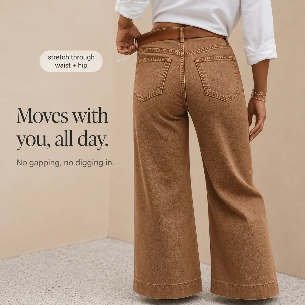 Women's Wide Leg Jeans with High-Rise Waist & Five-Pocket Design - Back Detail