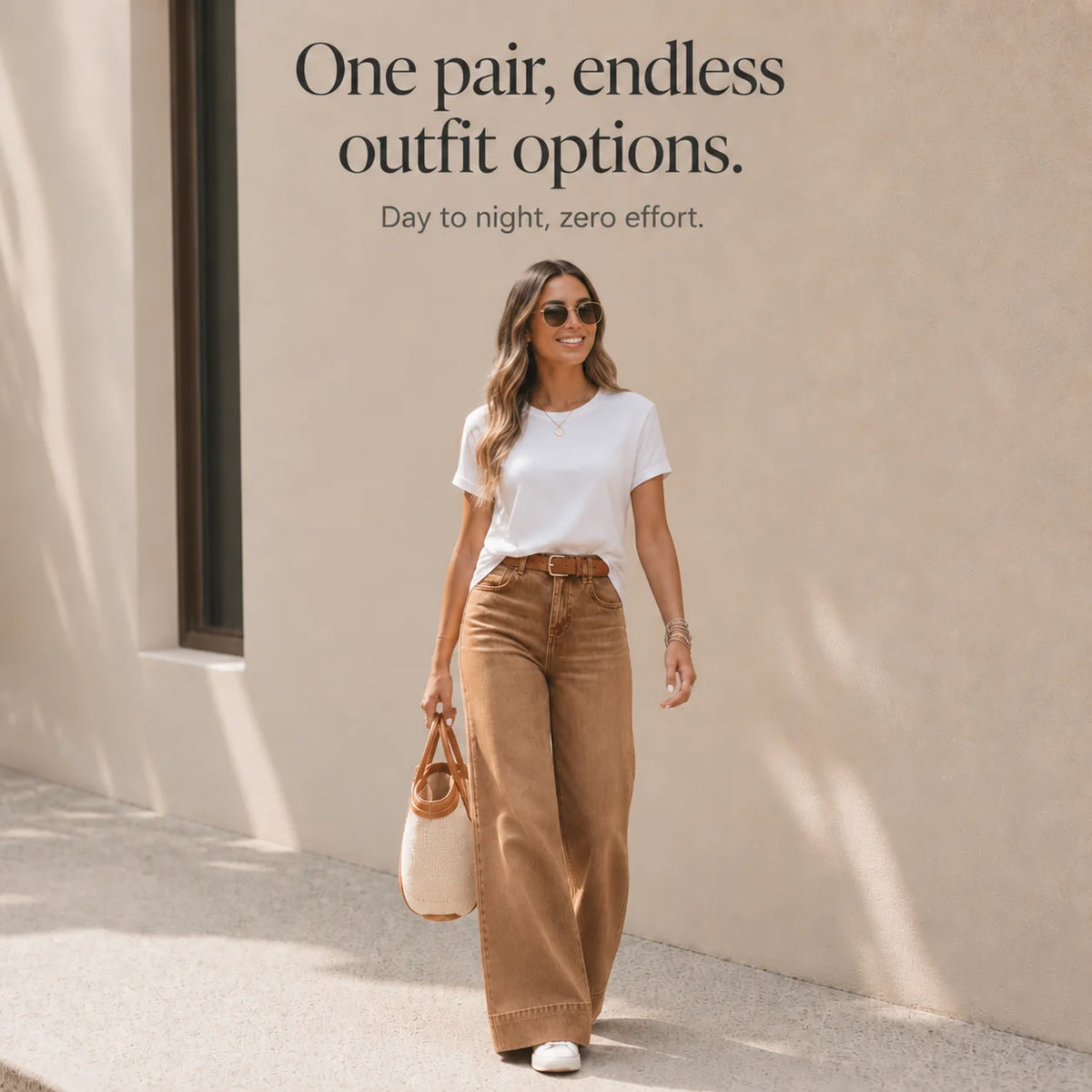 Dark Brown Women's Wide Leg Jeans with High-Rise Waist & Five-Pocket Design — Gigi - Casual Tee Outfit