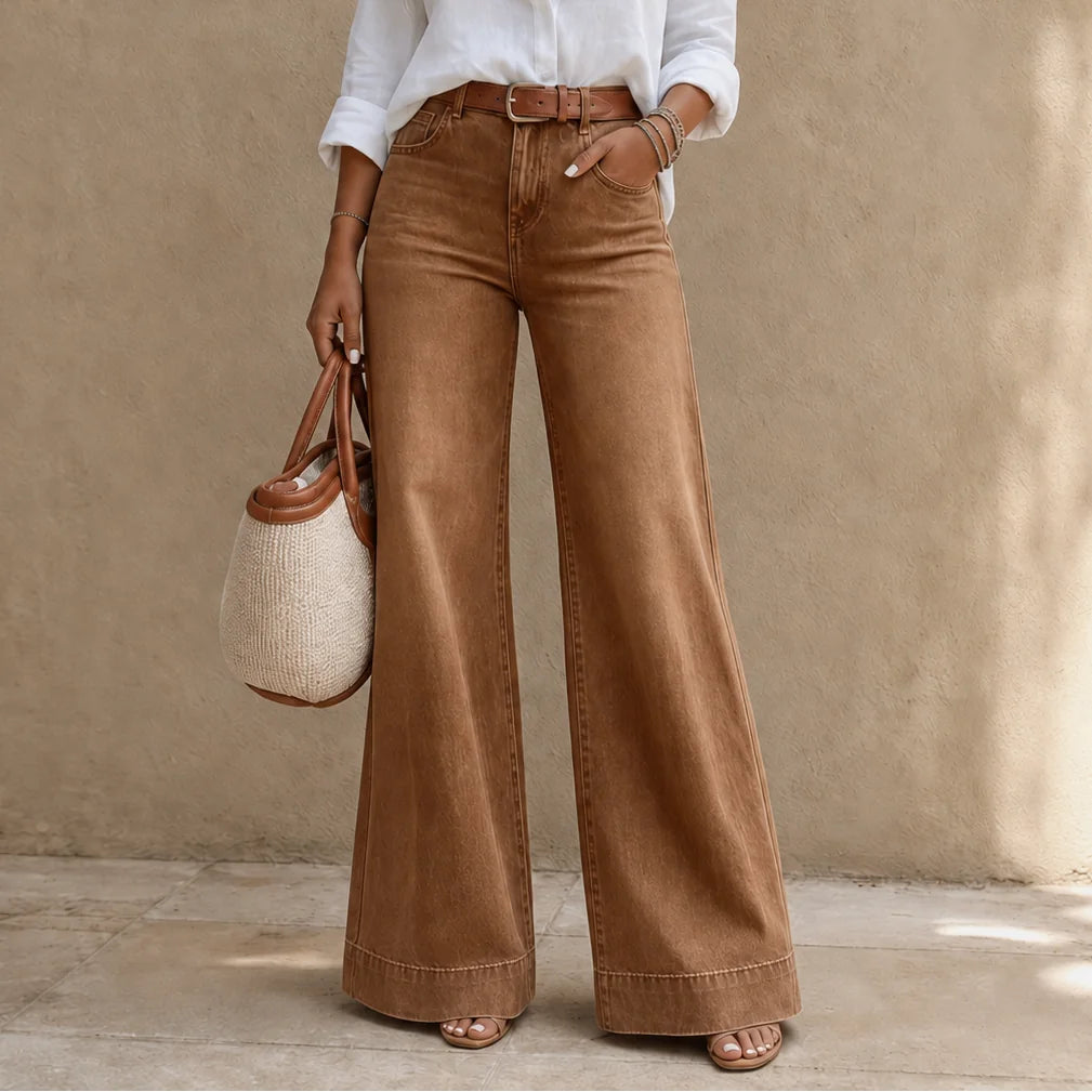 Dark Brown Women's Wide Leg Jeans with High-Rise Waist & Five-Pocket Design — Gigi - Front Close Up