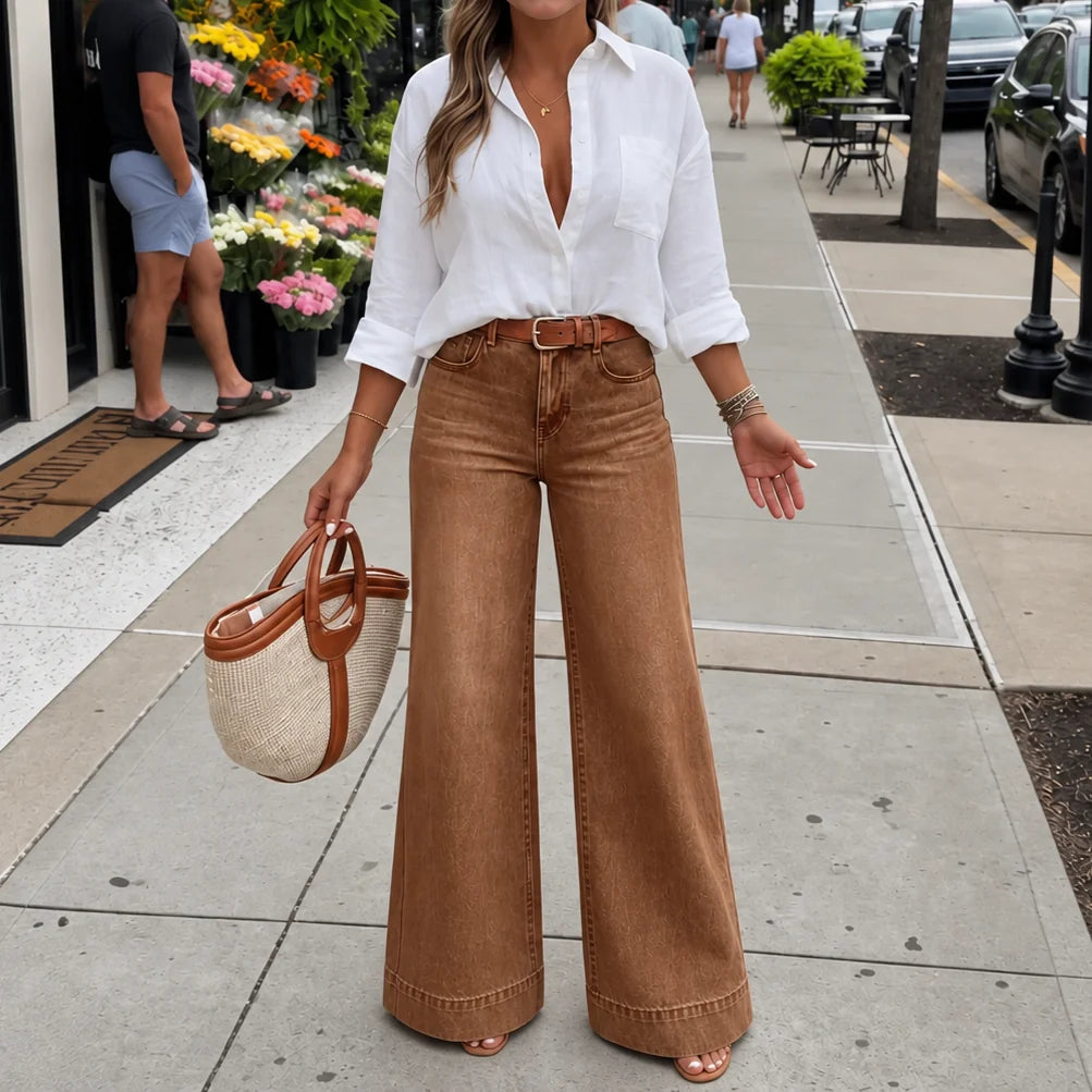 Dark Brown Women's Wide Leg Jeans with High-Rise Waist & Five-Pocket Design — Gigi - Front Crop Detail