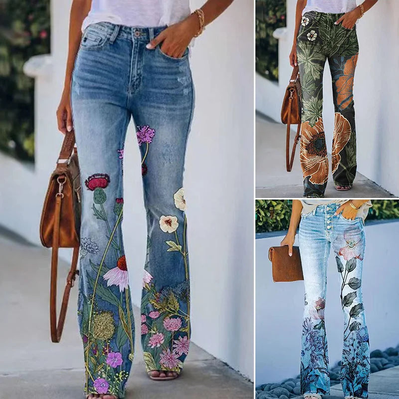 Women's Flare Jeans with High-Waisted Button-Front Design & Floral Print - Front Crop Lifestyle Collage