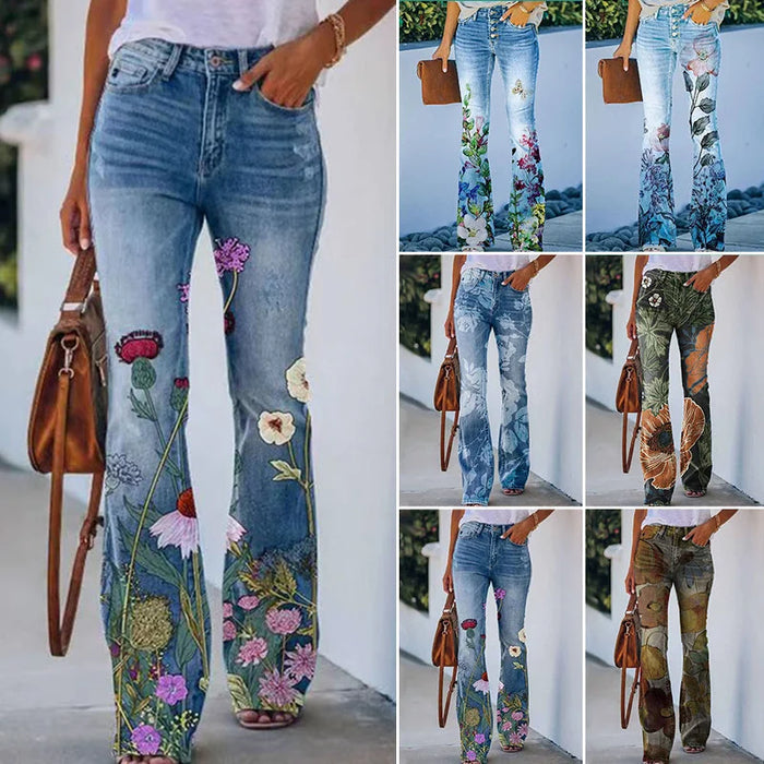 Light Blue Leaf Women's Flare Jeans with High-Waisted Button-Front Design & Floral Print — Persephone - Front Full Lifestyle Collage