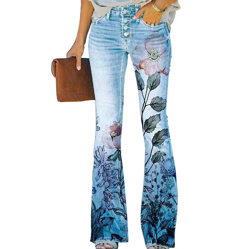 Light Blue Leaf Women's Flare Jeans with High-Waisted Button-Front Design & Floral Print