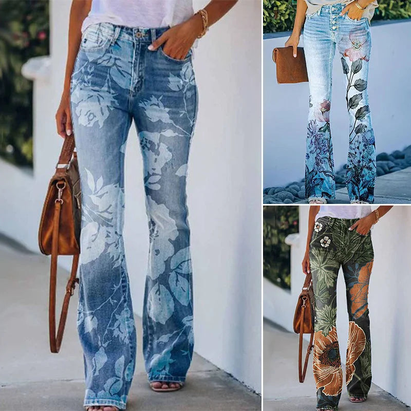 Blue Wildflower Women's Flare Jeans with High-Waisted Button-Front Design & Floral Print — Persephone - Front Full Collage Alt