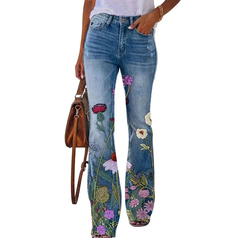 Blue Wildflower Women's Flare Jeans with High-Waisted Button-Front Design & Floral Print