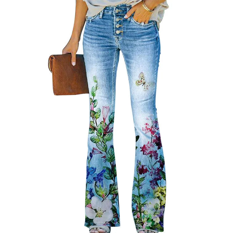 Blue Marble Women's Flare Jeans with High-Waisted Button-Front Design & Floral Print — Persephone - Front Crop Butterfly
