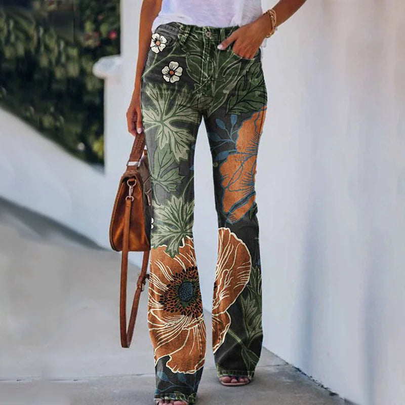Women's Flare Jeans with High-Waisted Button-Front Design & Floral Print - Front Full Green Floral