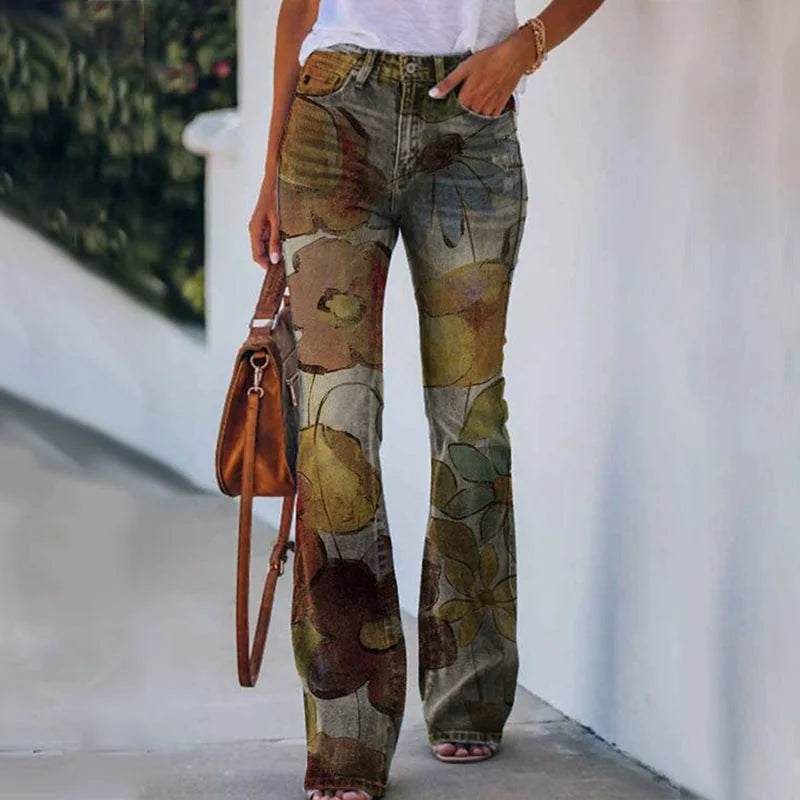 Women's Flare Jeans with High-Waisted Button-Front Design & Floral Print - Front Full Brown Floral