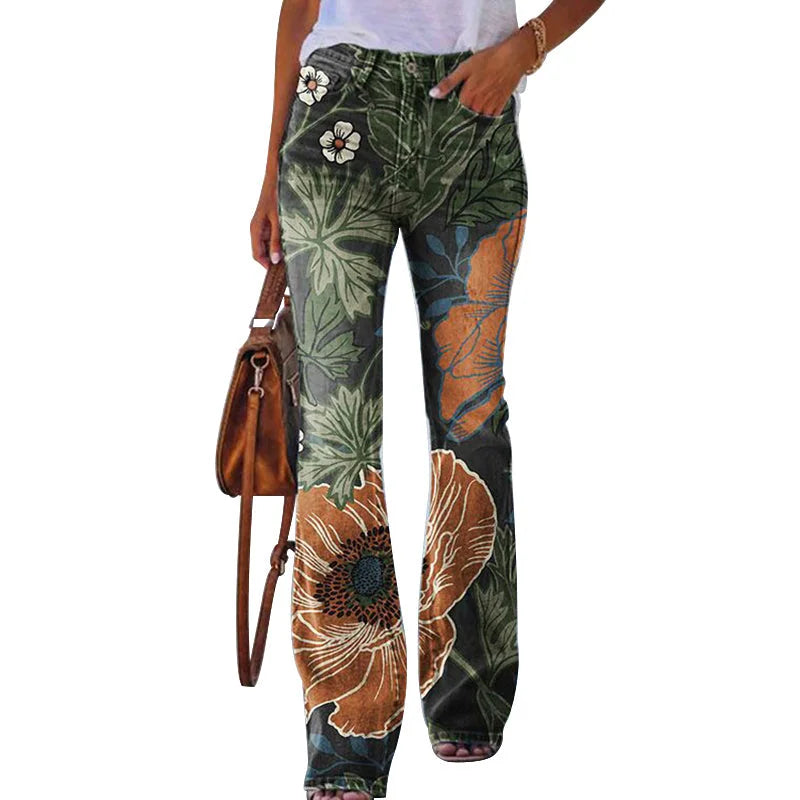 Olive Floral Women's Flare Jeans with High-Waisted Button-Front Design & Floral Print