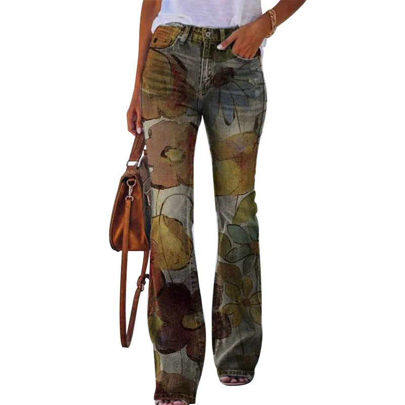 Brown Abstract Women's Flare Jeans with High-Waisted Button-Front Design & Floral Print