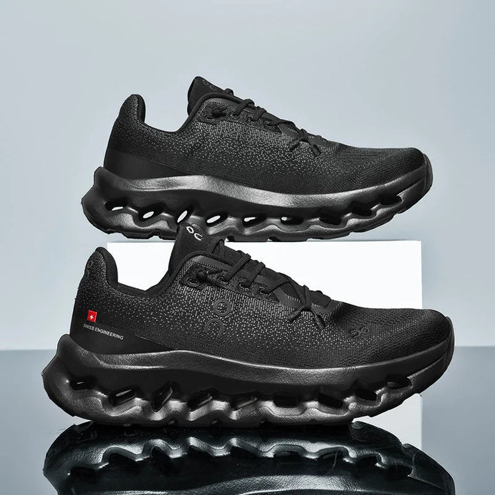Black Unisex Running Shoes with Knit Mesh Upper & Hollow Chamber Midsole - Studio Pair