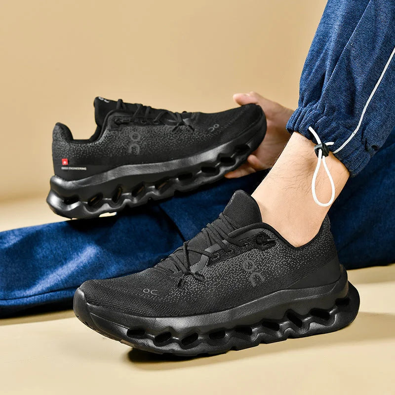 White Black Unisex Running Shoes with Knit Mesh Upper & Hollow Chamber Midsole - Worn Lifestyle