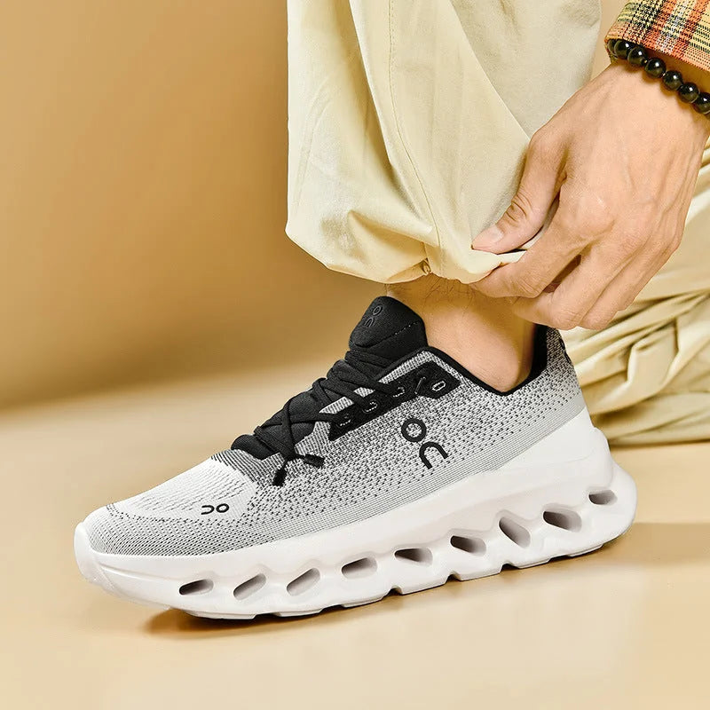 Unisex Running Shoes with Knit Mesh Upper & Hollow Chamber Midsole - Black Worn Lifestyle Gradient