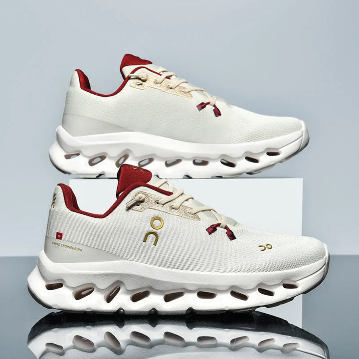 White Red Unisex Running Shoes with Knit Mesh Upper & Hollow Chamber Midsole - Studio Pair Trim