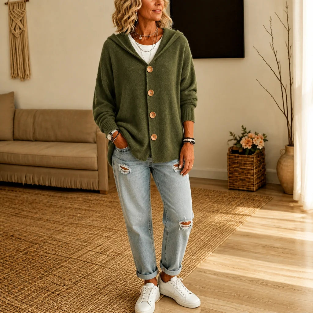 Army Green Women's Hooded Cardigan with Button-Front Closure & Hip-Length Fit