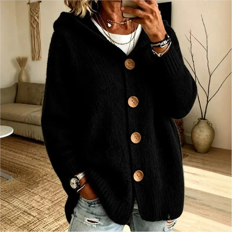 Black Women's Hooded Cardigan with Button-Front & Ribbed Knit Detail
