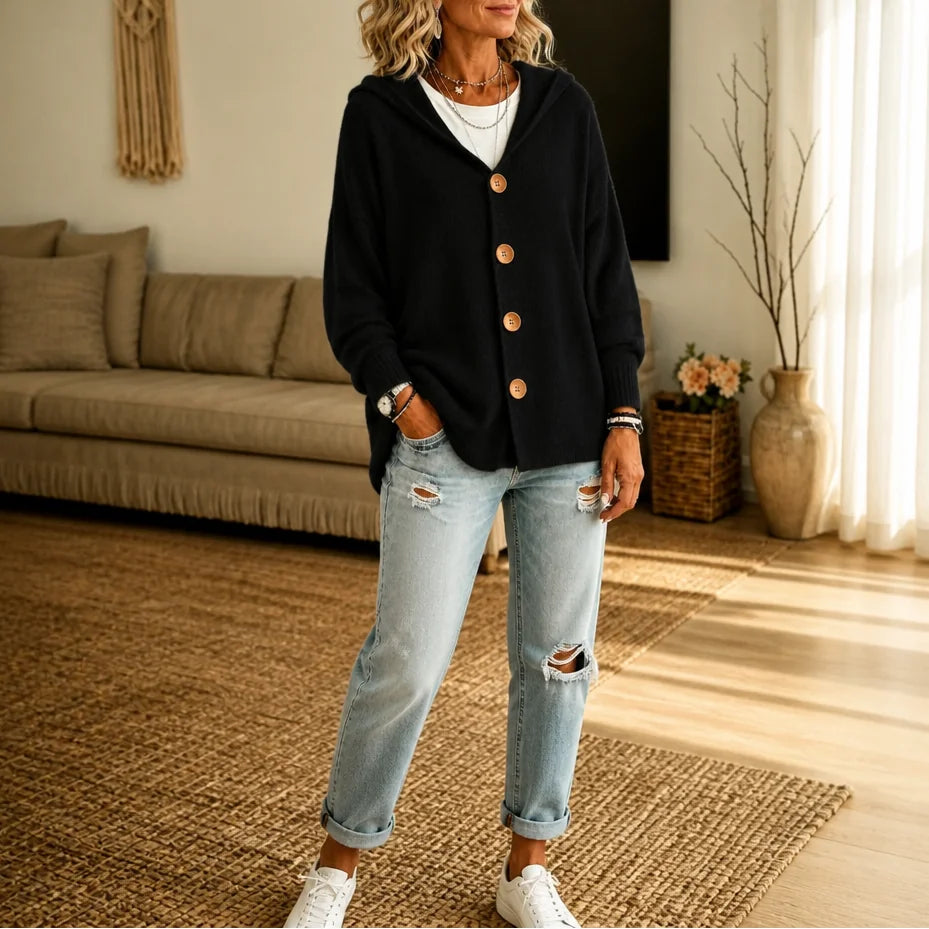 Black Women's Hooded Cardigan with Button-Front Closure & Hip-Length Fit
