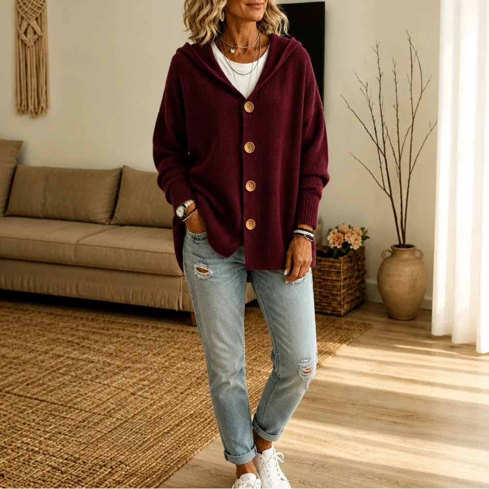 Burgundy Women's Hooded Cardigan with Button-Front Closure & Hip-Length Fit