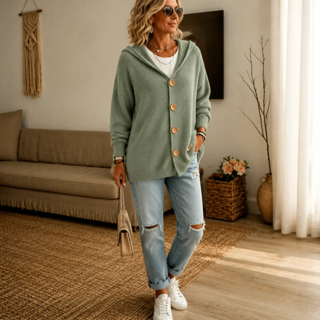 Green Women's Hooded Cardigan with Button-Front Closure & Hip-Length Fit