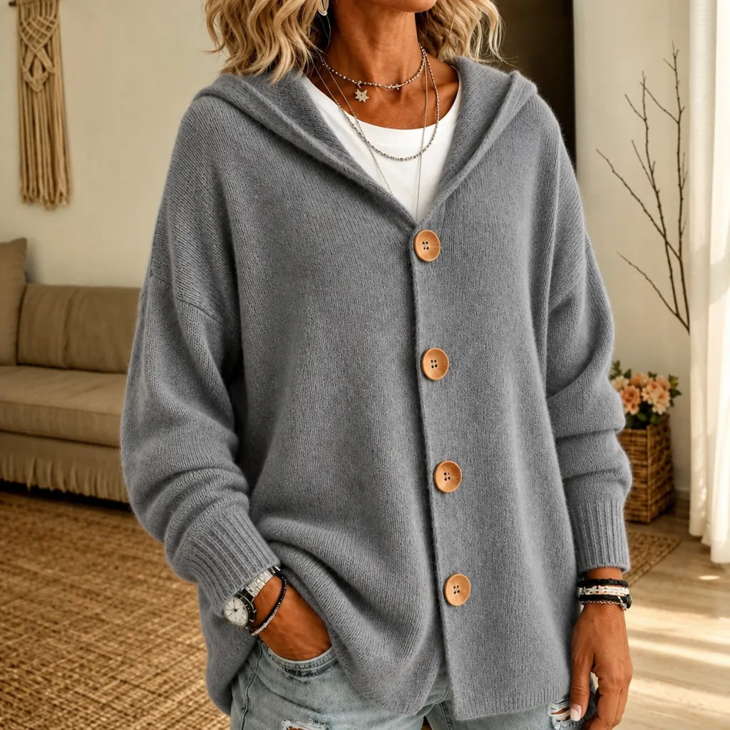 Women's Hooded Cardigan with Button-Front Closure & Hip-Length Fit - Front Detail Necklace