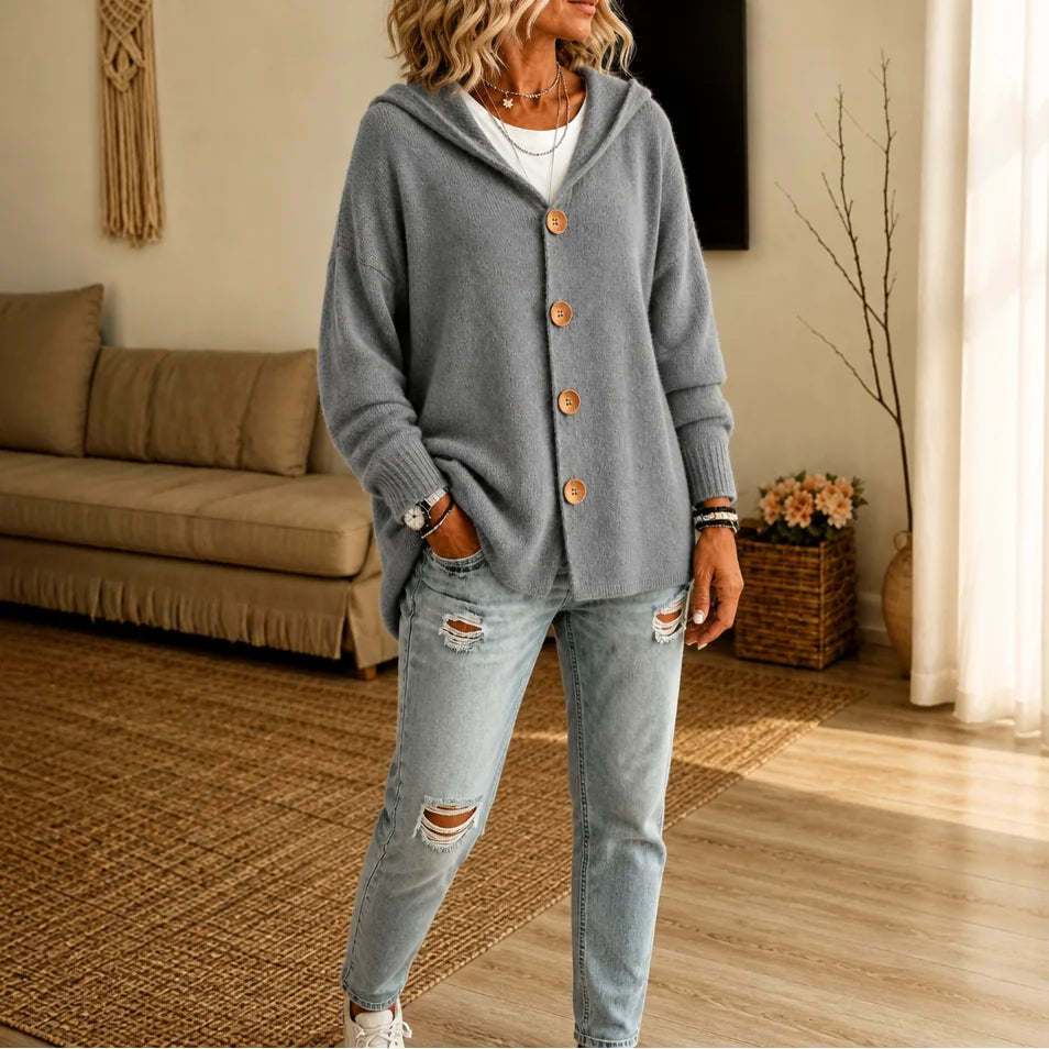 Grey Women's Hooded Cardigan with Button-Front Closure & Hip-Length Fit
