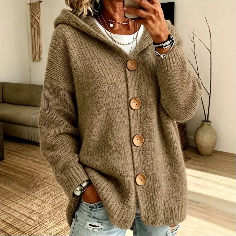Khaki Women's Hooded Cardigan with Button-Front & Ribbed Knit Detail