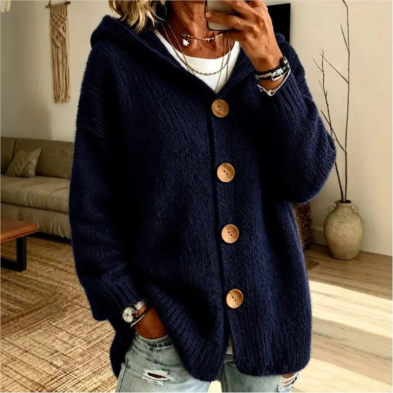 Navy Blue Women's Hooded Cardigan with Button-Front & Ribbed Knit Detail
