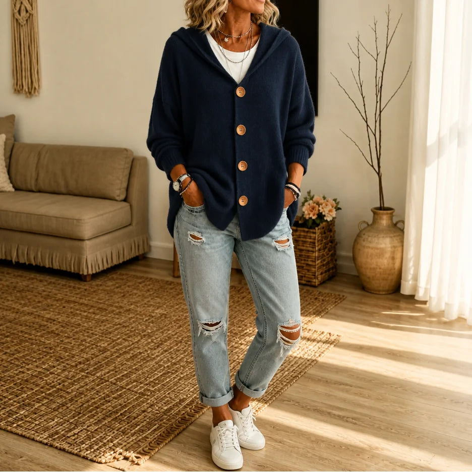 Navy Blue Women's Hooded Cardigan with Button-Front Closure & Hip-Length Fit