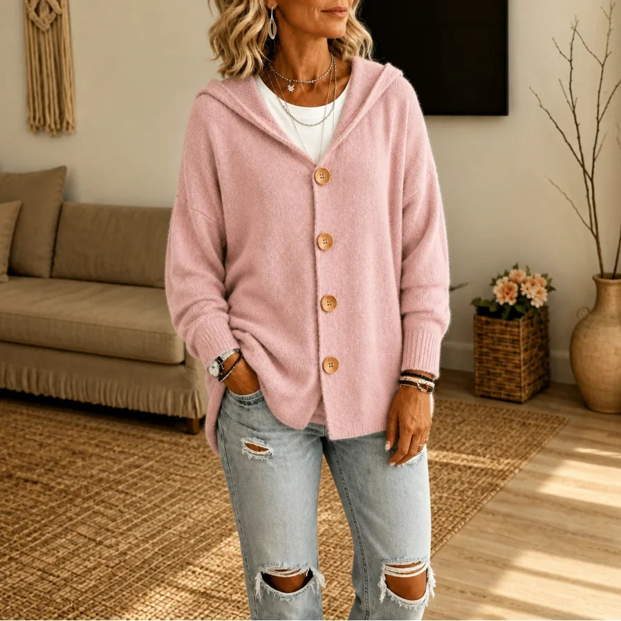Pink Women's Hooded Cardigan with Button-Front Closure & Hip-Length Fit