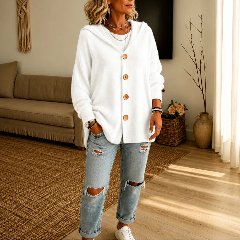 White Women's Hooded Cardigan with Button-Front Closure & Hip-Length Fit