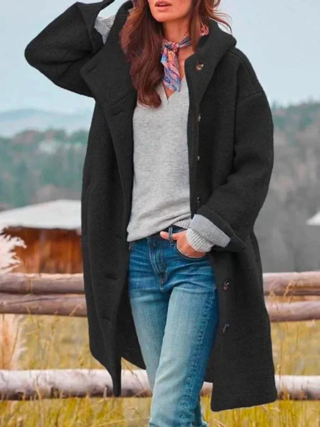 Black Women's Hooded Coat with Button-Front Closure & Side Pockets