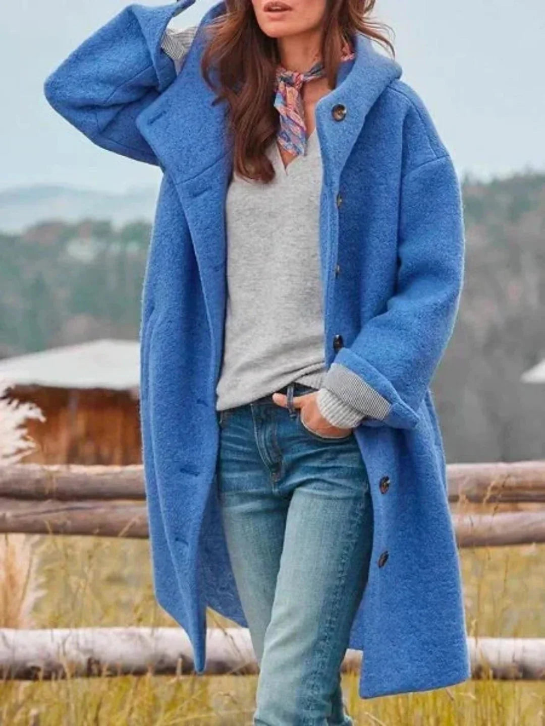Blue Women's Hooded Coat with Button-Front Closure & Side Pockets