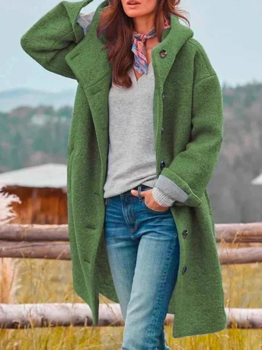 Green Women's Hooded Coat with Button-Front Closure & Side Pockets