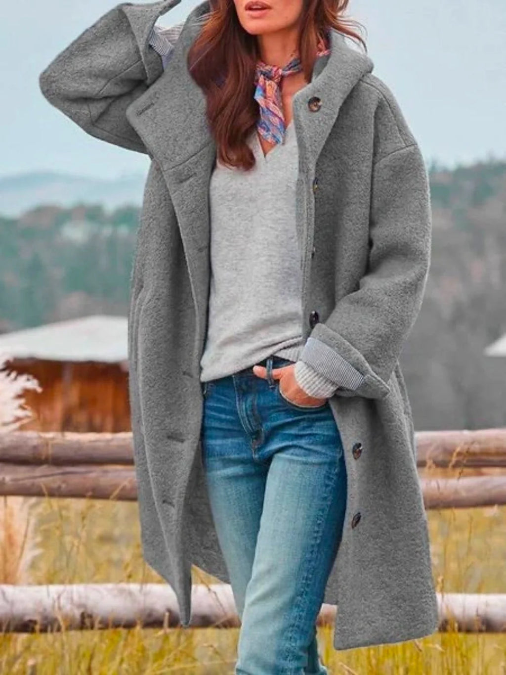 Grey Women's Hooded Coat with Button-Front Closure & Side Pockets