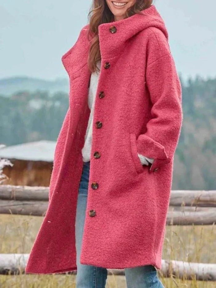 Pink Women's Hooded Coat with Button-Front Closure & Side Pockets