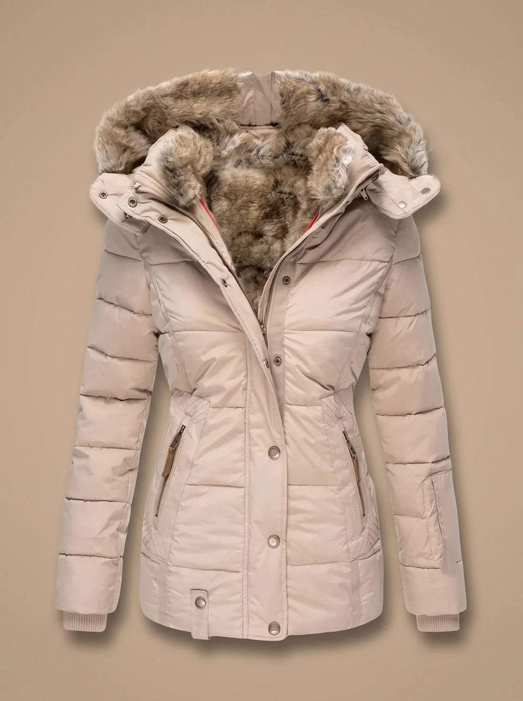 Beige Women's Faux Fur Puffer Coat with Quilted Fit & Adjustable Hood — Faith
